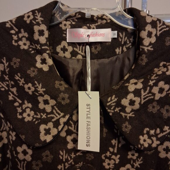 NEW Women’s Elegant Pea Coat Brown Cream Floral Lined Trench Coat ¾ Sleeve 18 XL - Picture 10 of 10